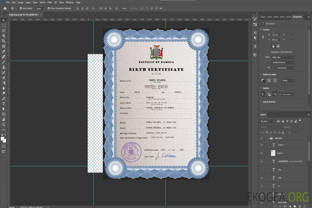 Modèle PSD de certificat de naissance d'état civil de Zambie template Modèle PSD de certificat de naissance d'état civil de Zambie template